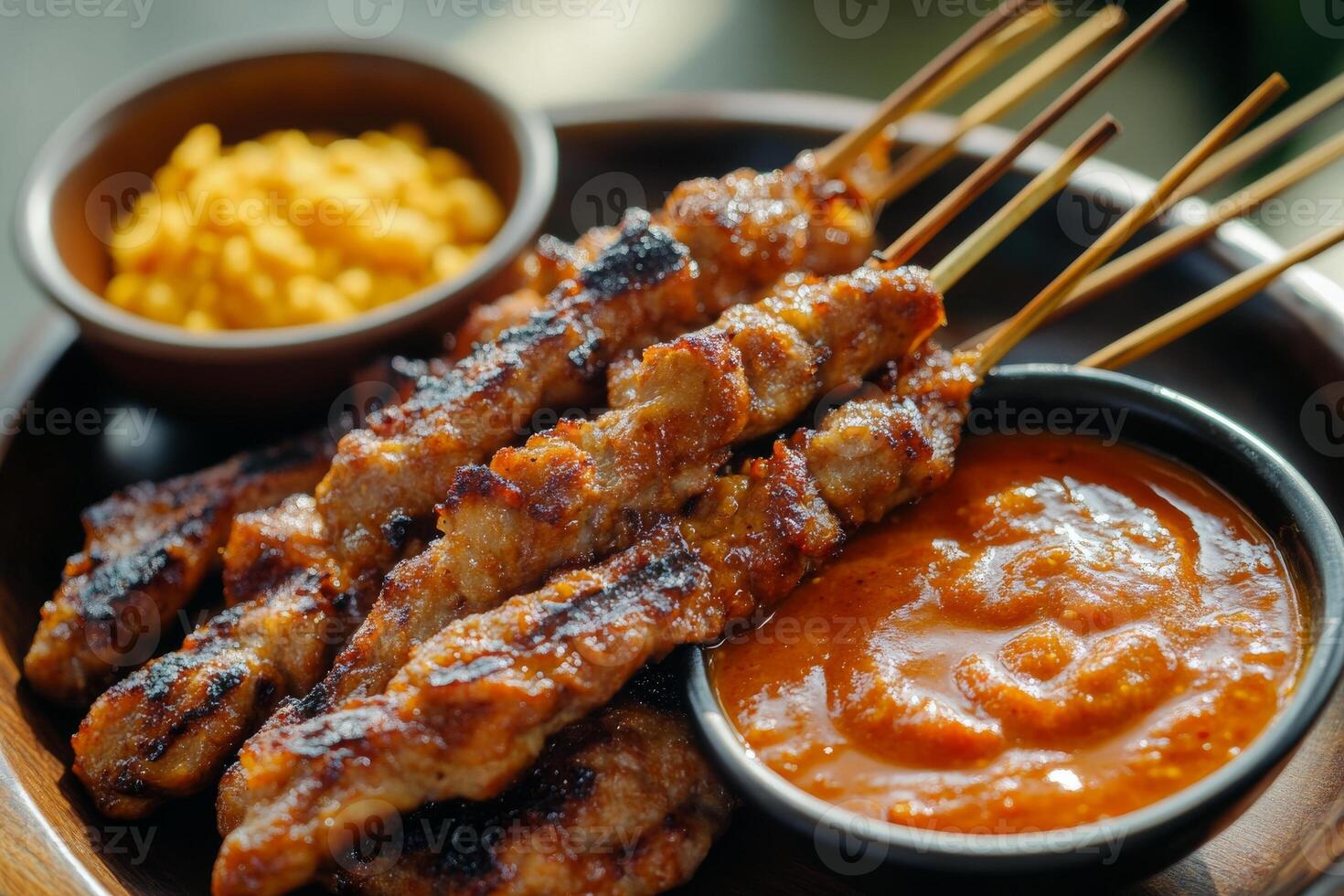 A plate with skewers of meat and sauce photo