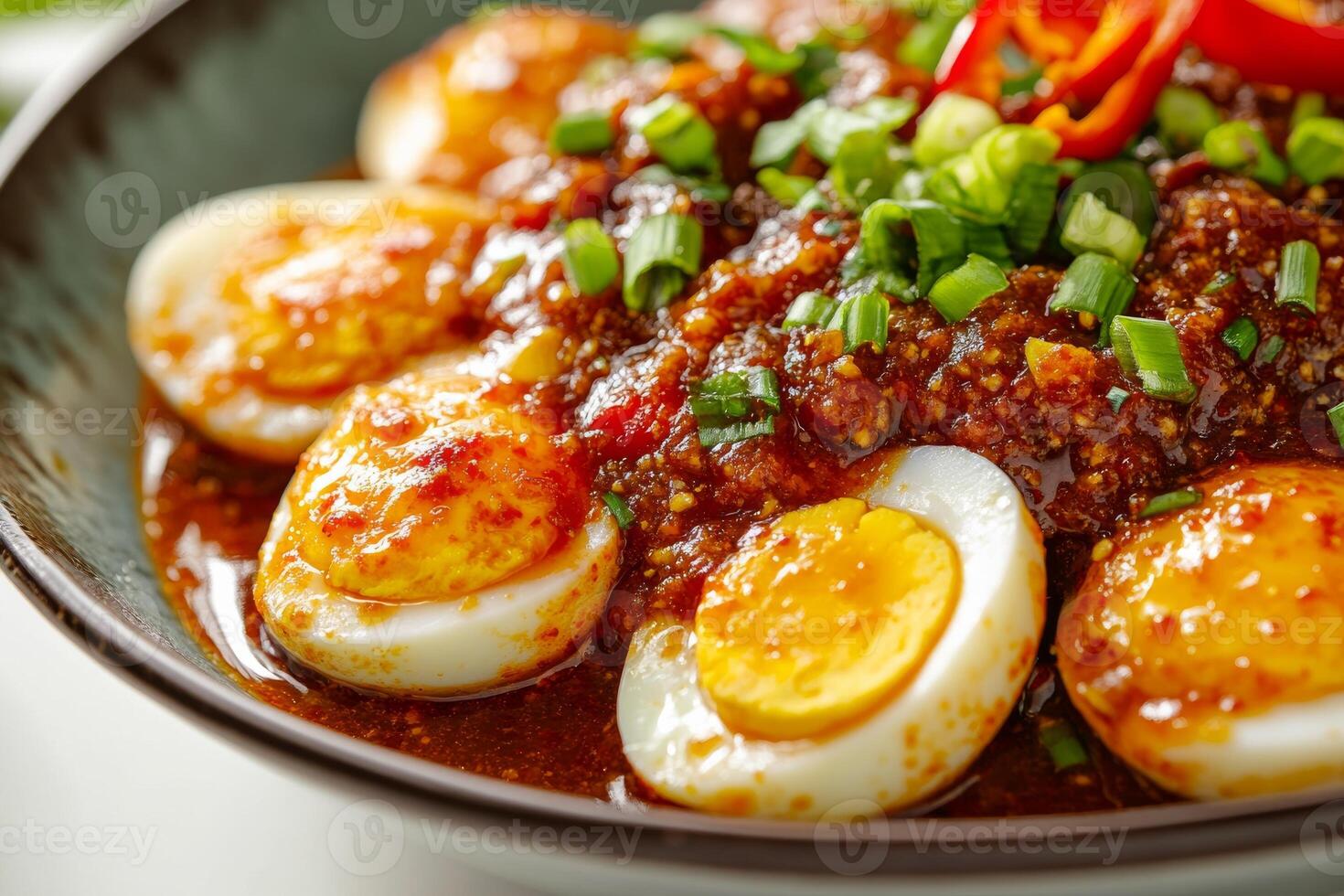 A bowl of eggs with sauce and green onions photo