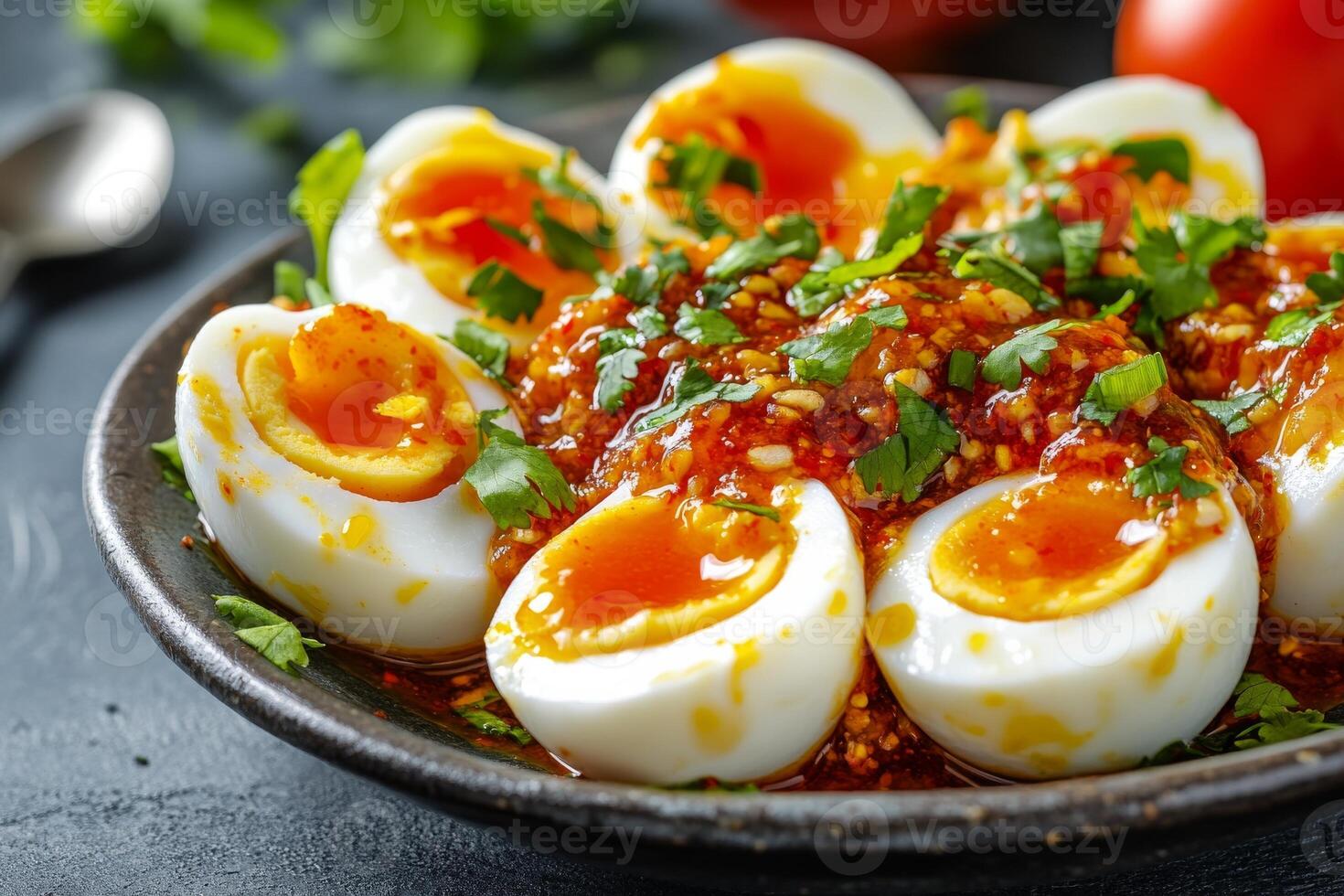 A bowl of hard boiled eggs with sauce and herbs photo