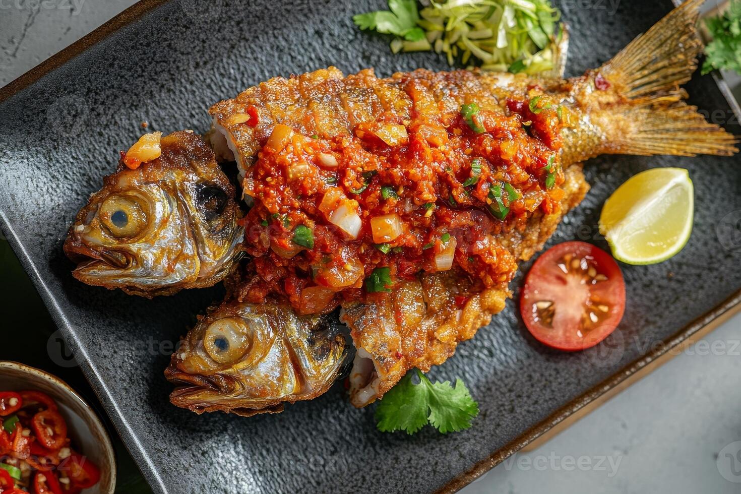 Two fish are on a plate with tomato sauce photo