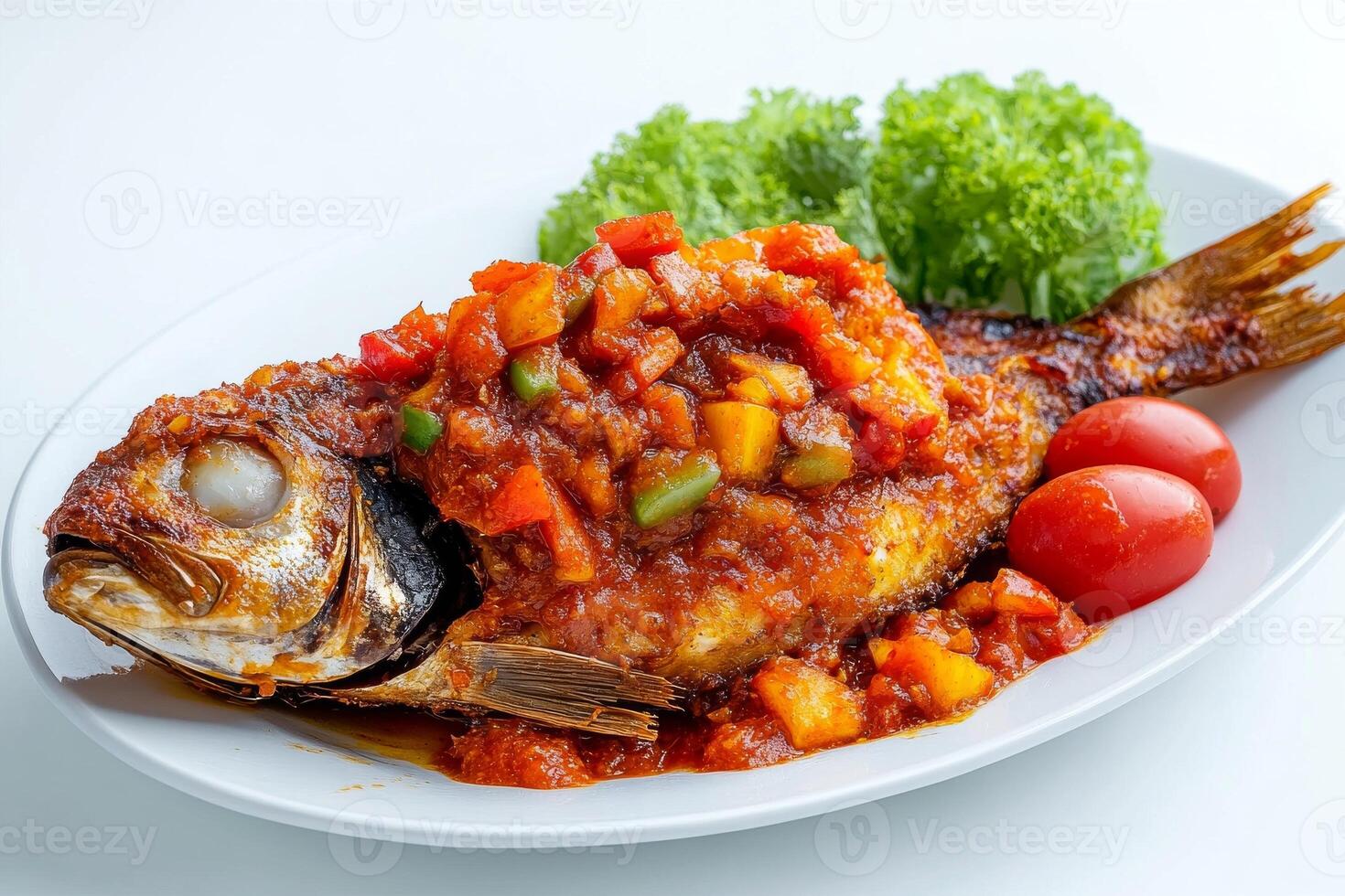 A large fish with a sauce on it photo