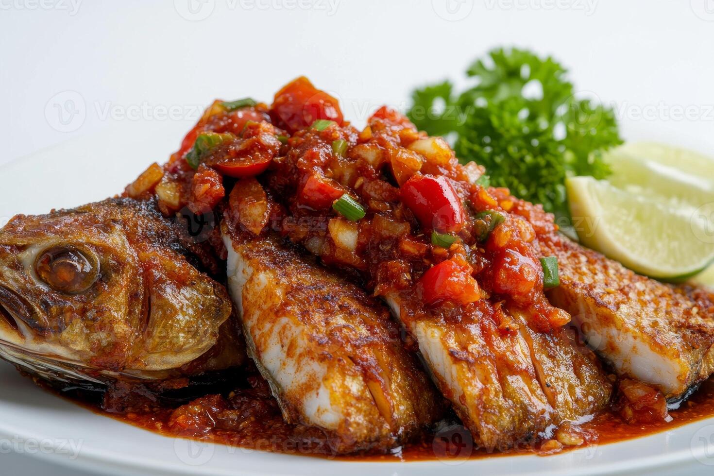 A plate of fish with sauce and lime wedges photo