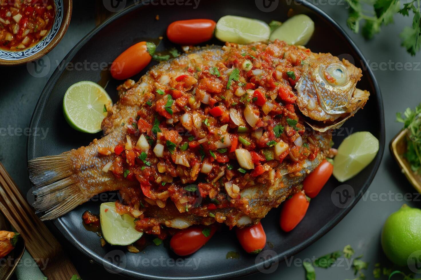 A large fish with a sauce on it photo