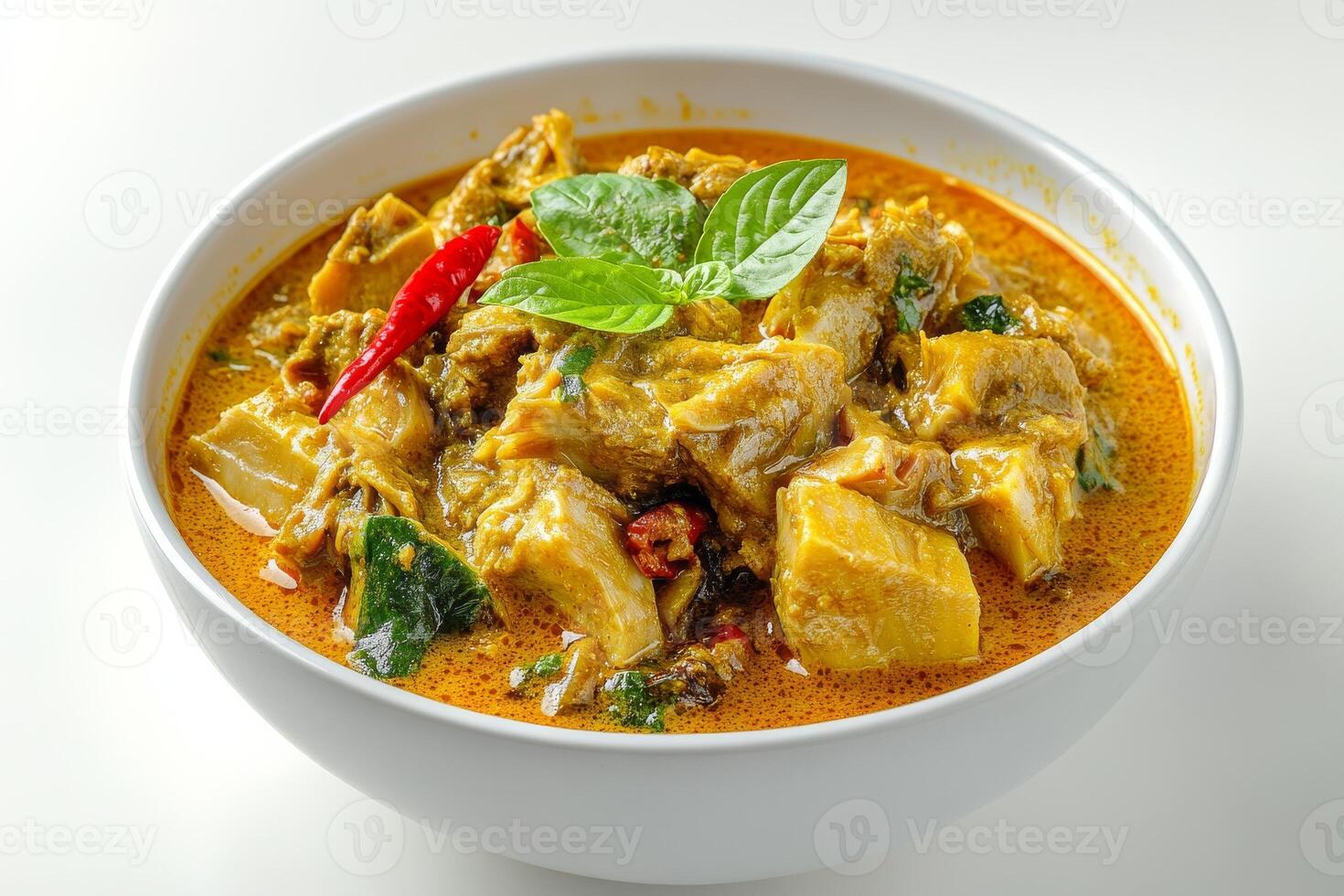 A bowl of curry with chicken and vegetables photo