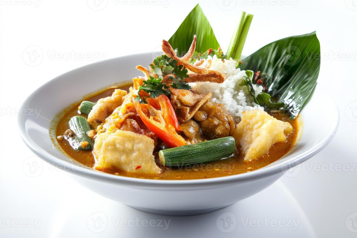 A bowl of curry with rice and vegetables photo