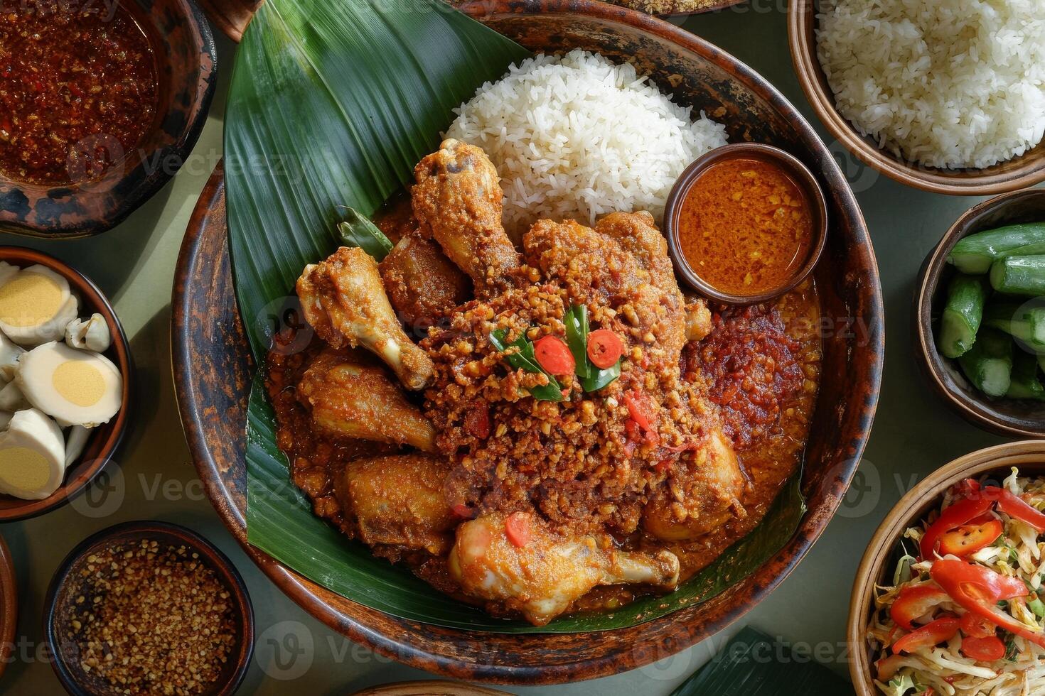 A table with many bowls of food and rice photo