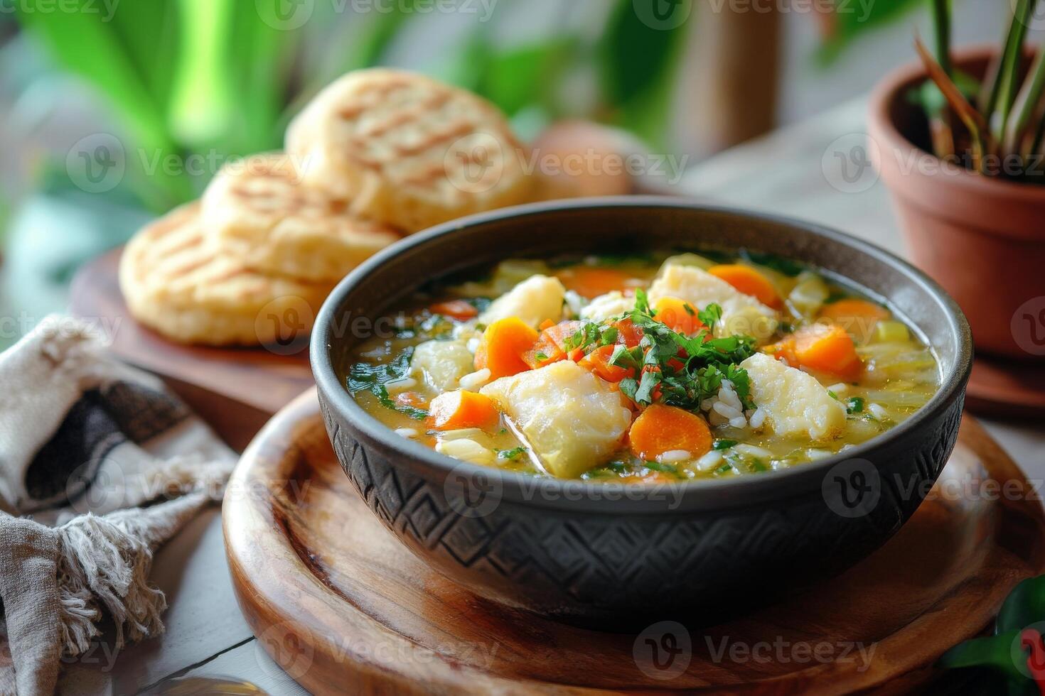 A bowl of soup with carrots and potatoes on a wooden table photo