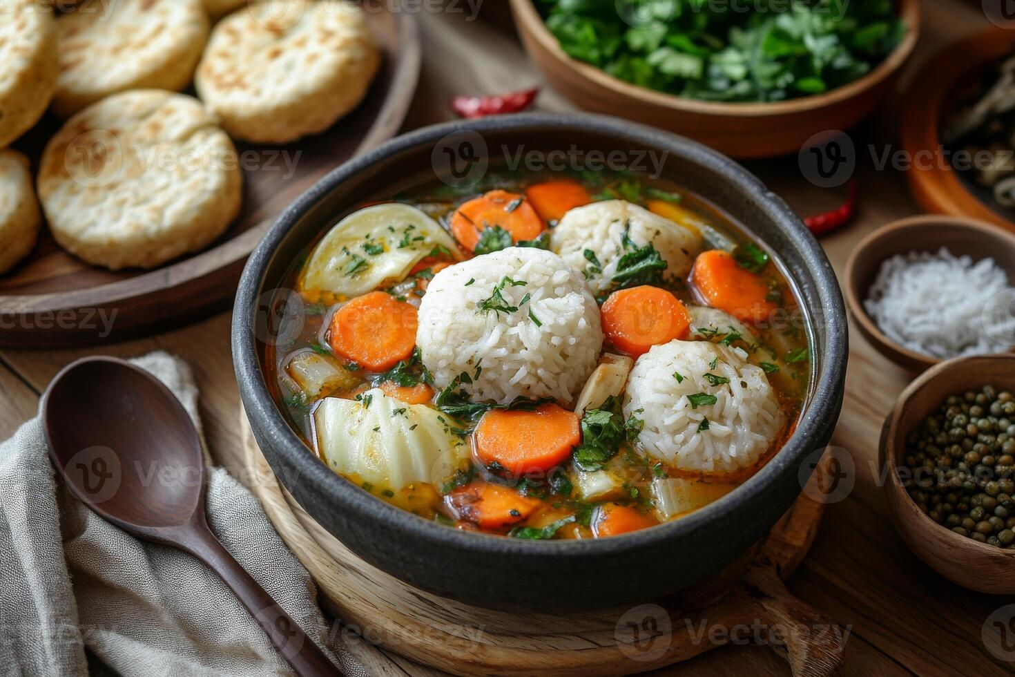 A bowl of soup with dumplings and vegetables on a wooden table photo