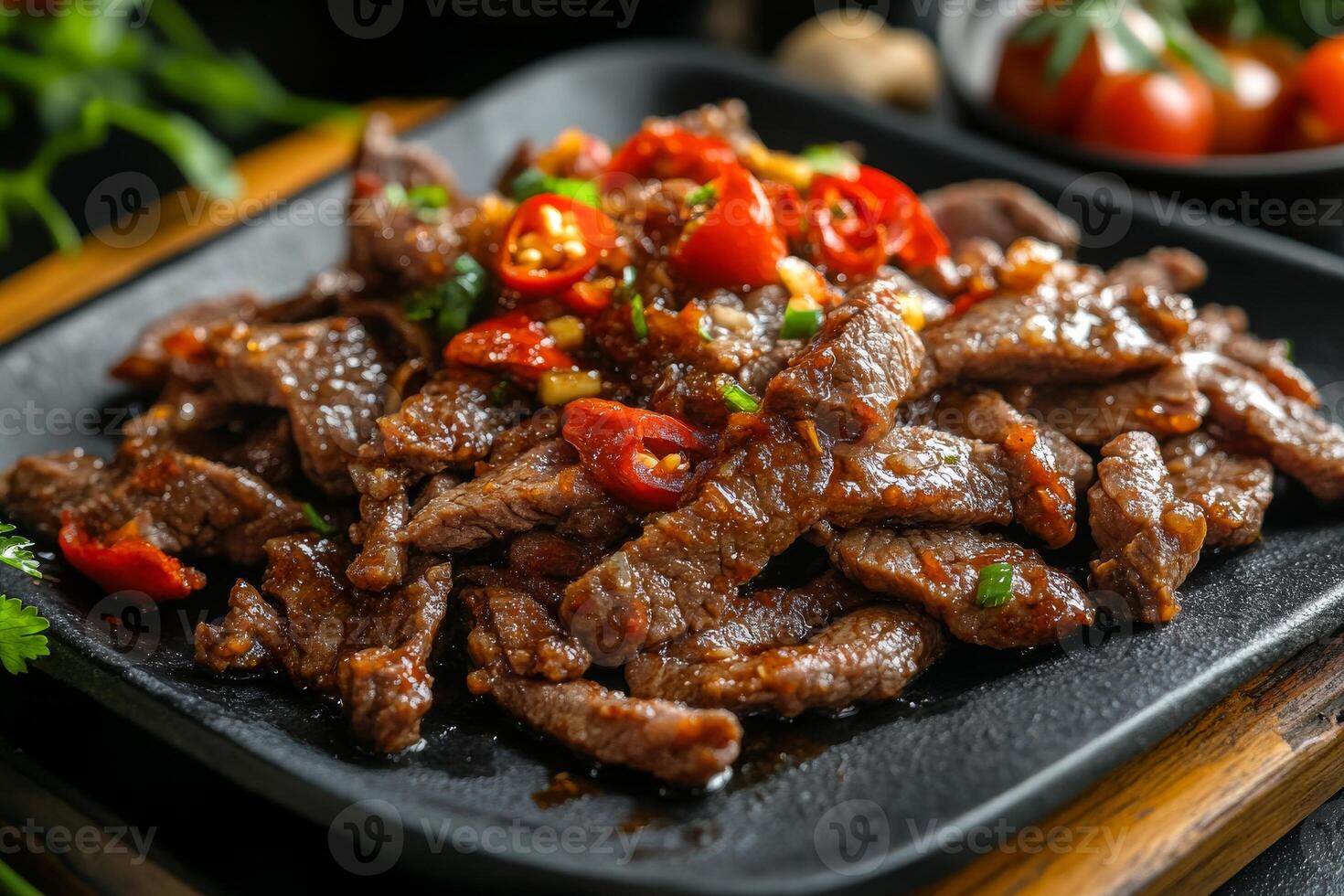 Chinese beef with tomatoes and herbs on a black plate photo