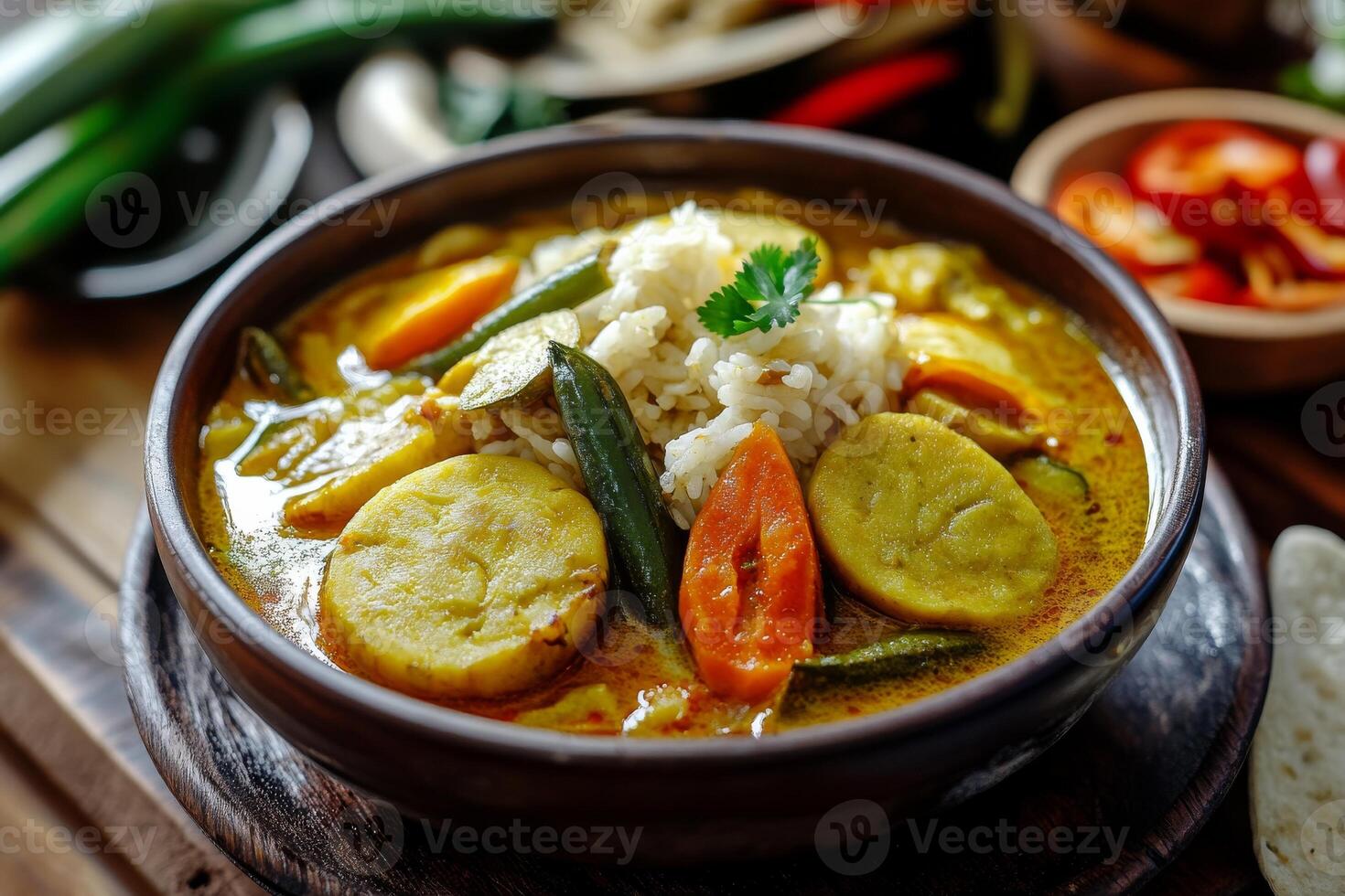 A bowl of curry with vegetables and rice photo