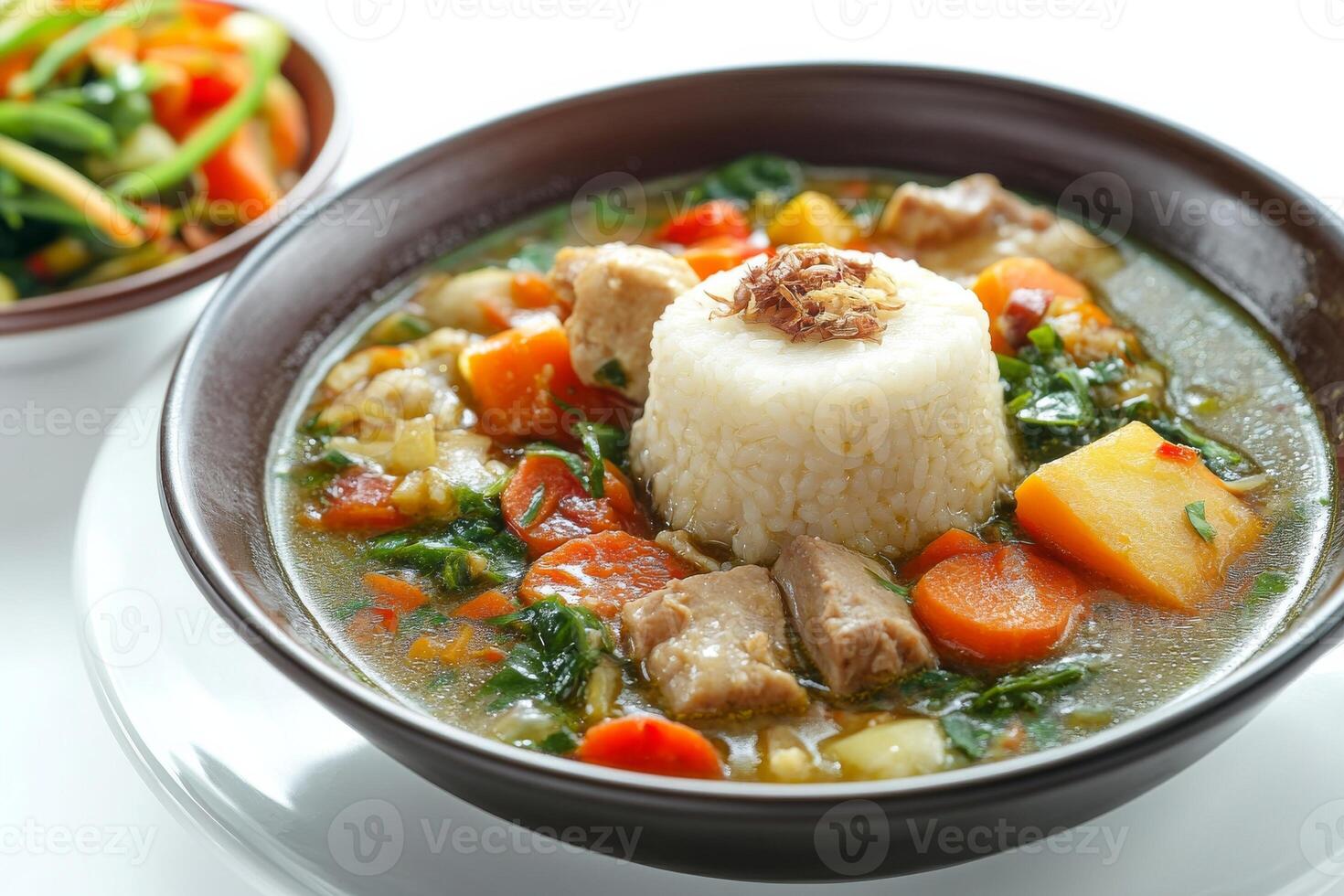 A bowl of soup with rice and vegetables on a plate photo