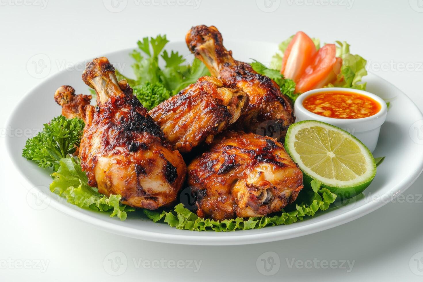 Grilled chicken wings with lettuce and sauce on white plate photo