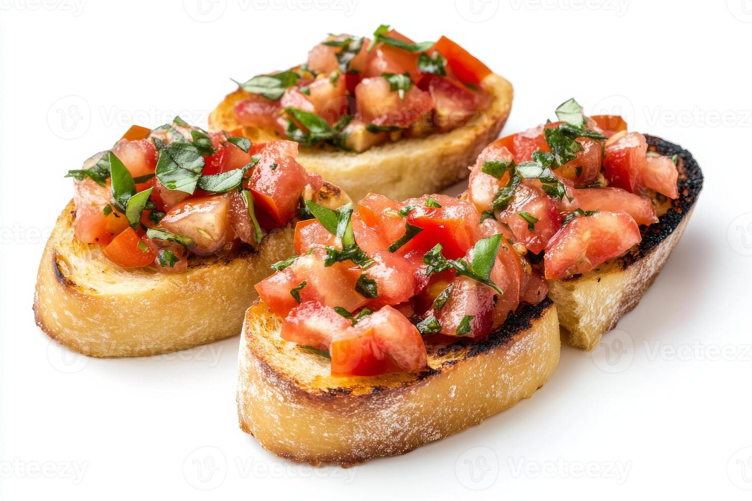 Three pieces of bread with tomato and basil photo