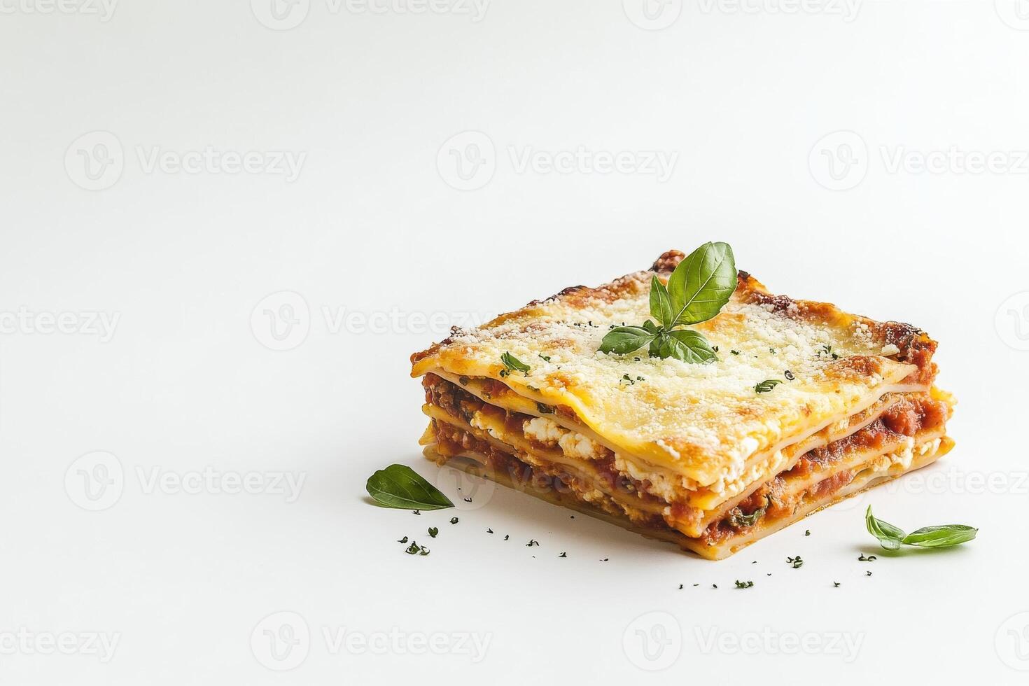 A stack of lasagna on a white background photo