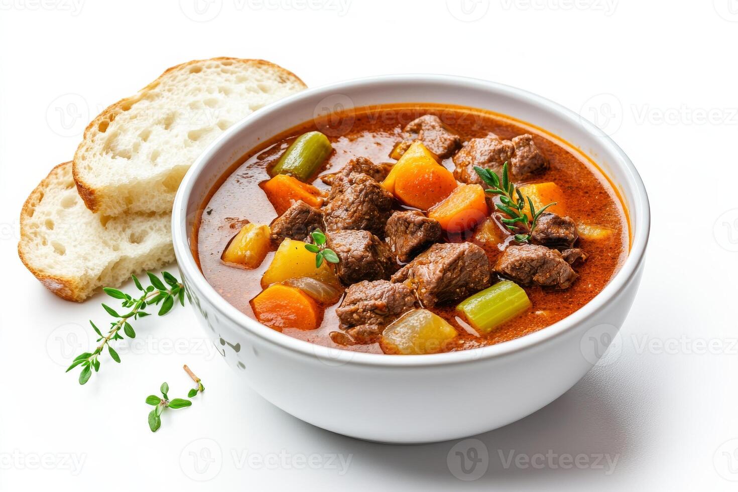 Beef stew in white bowl with bread on white background photo