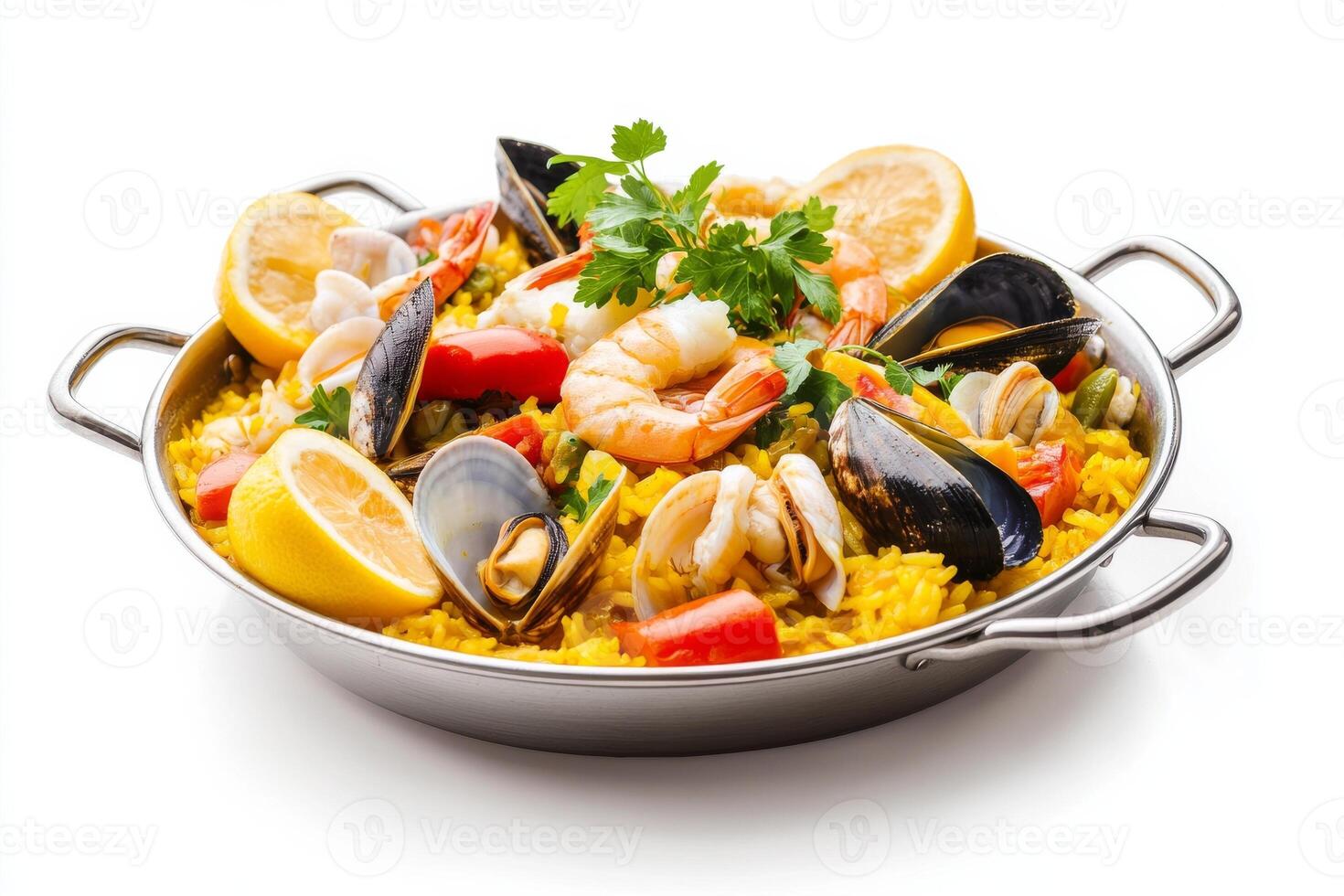 Paella with seafood and rice in a pan on a white background photo