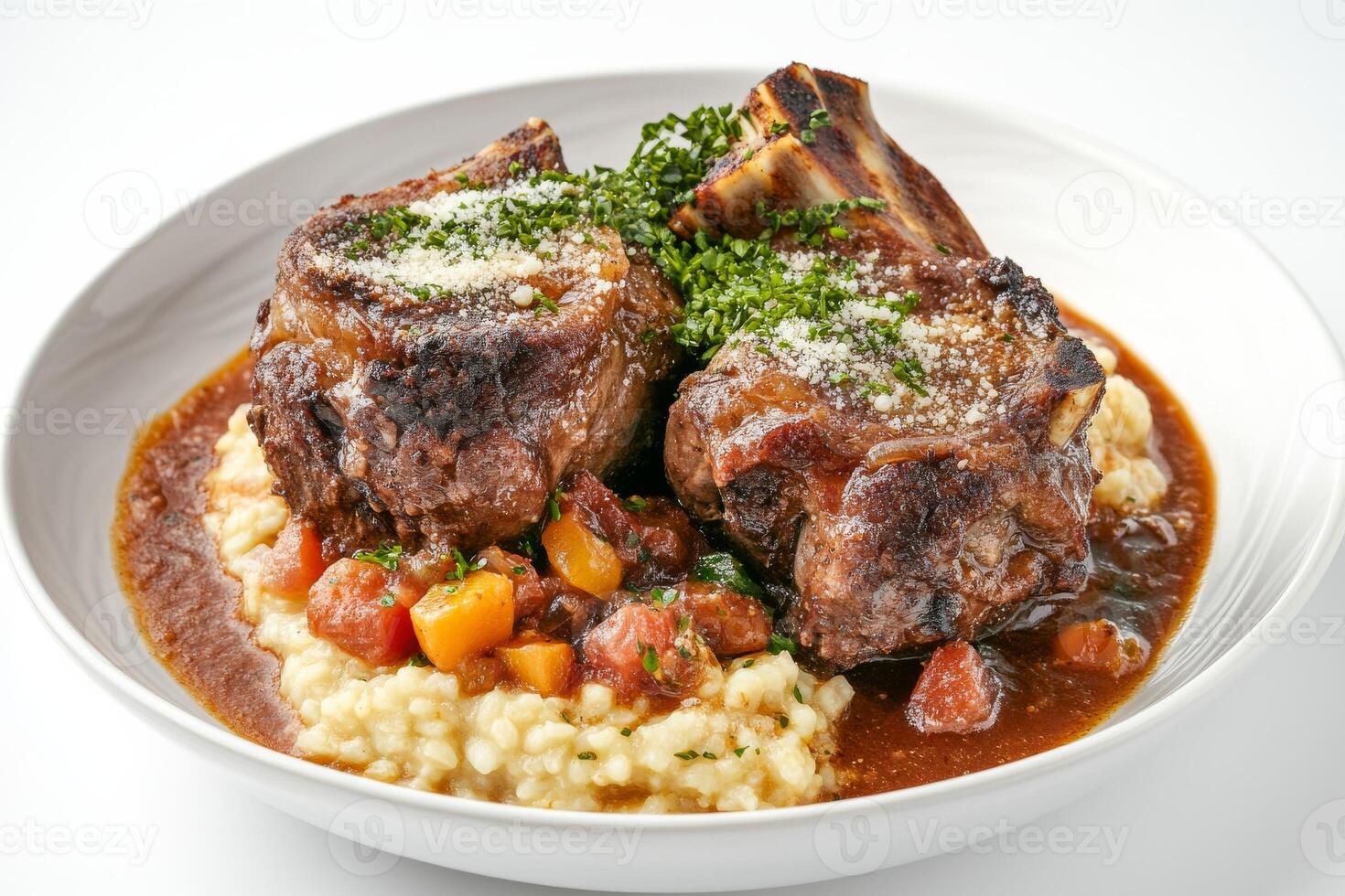 A plate of meat and vegetables with a sauce photo