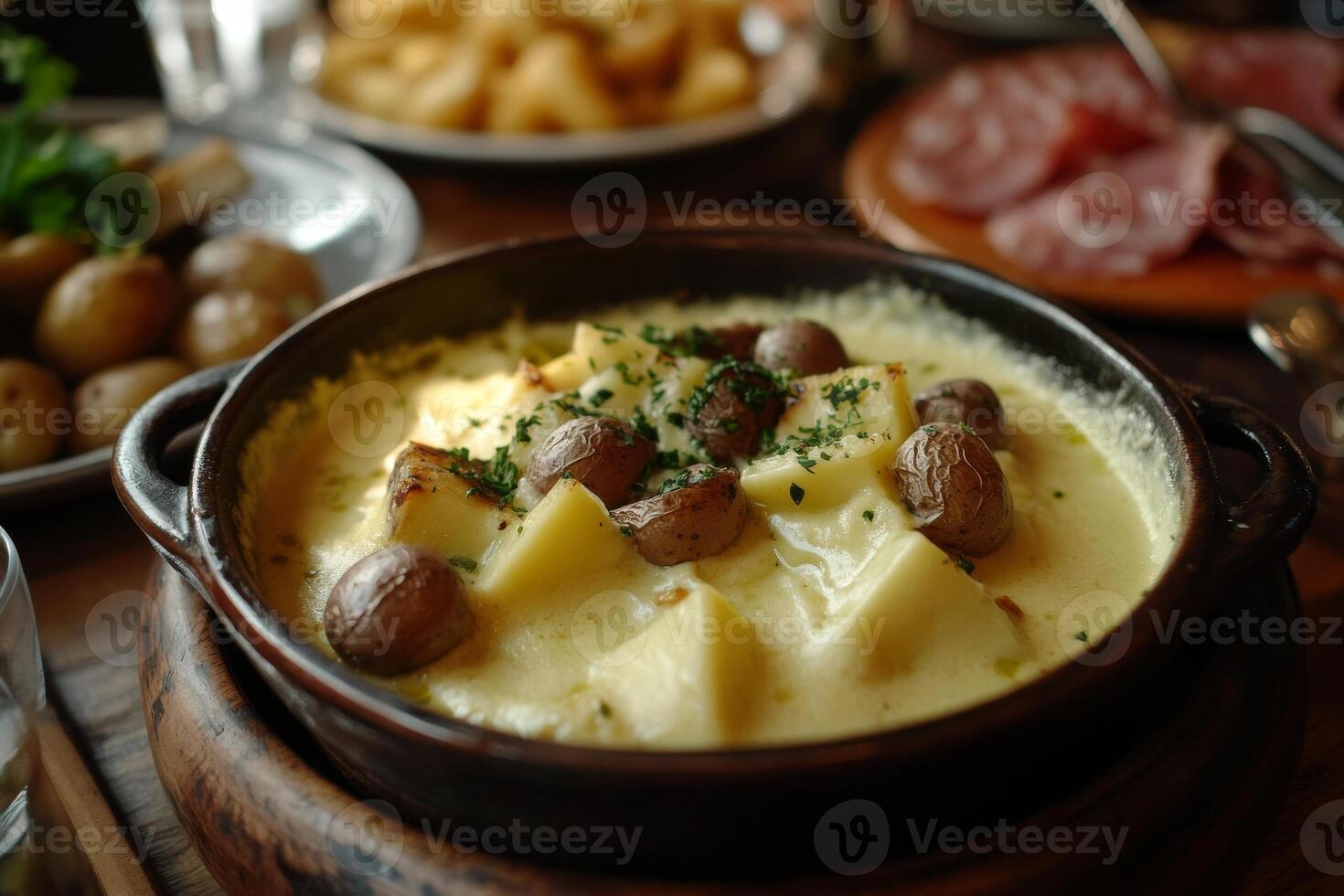 A bowl of potatoes and meat on a table photo