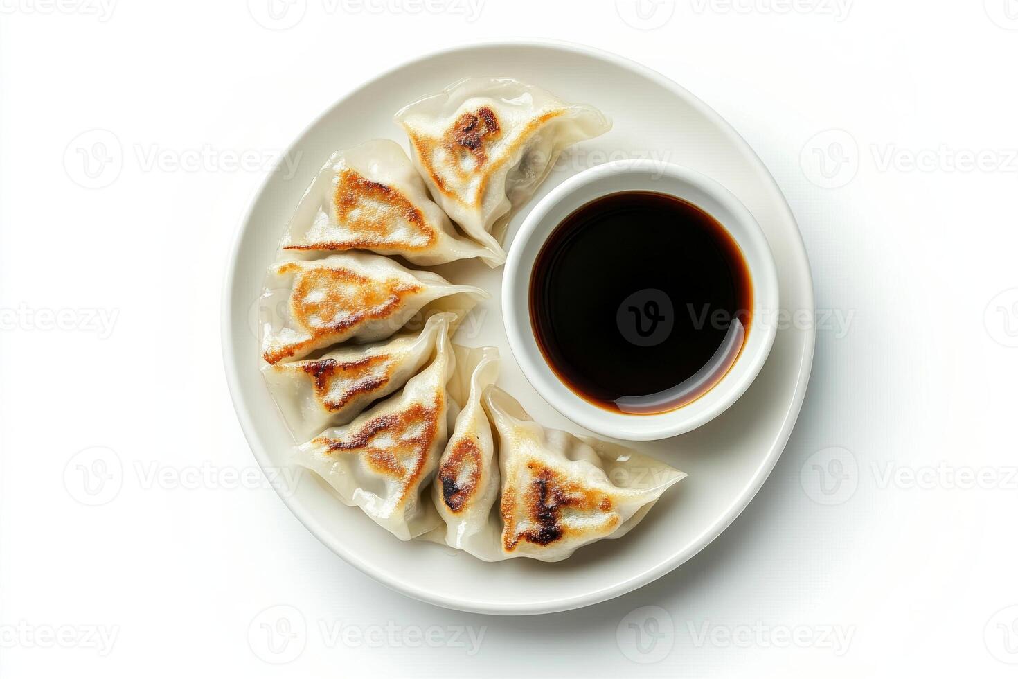A plate with dumplings and sauce on a white background photo