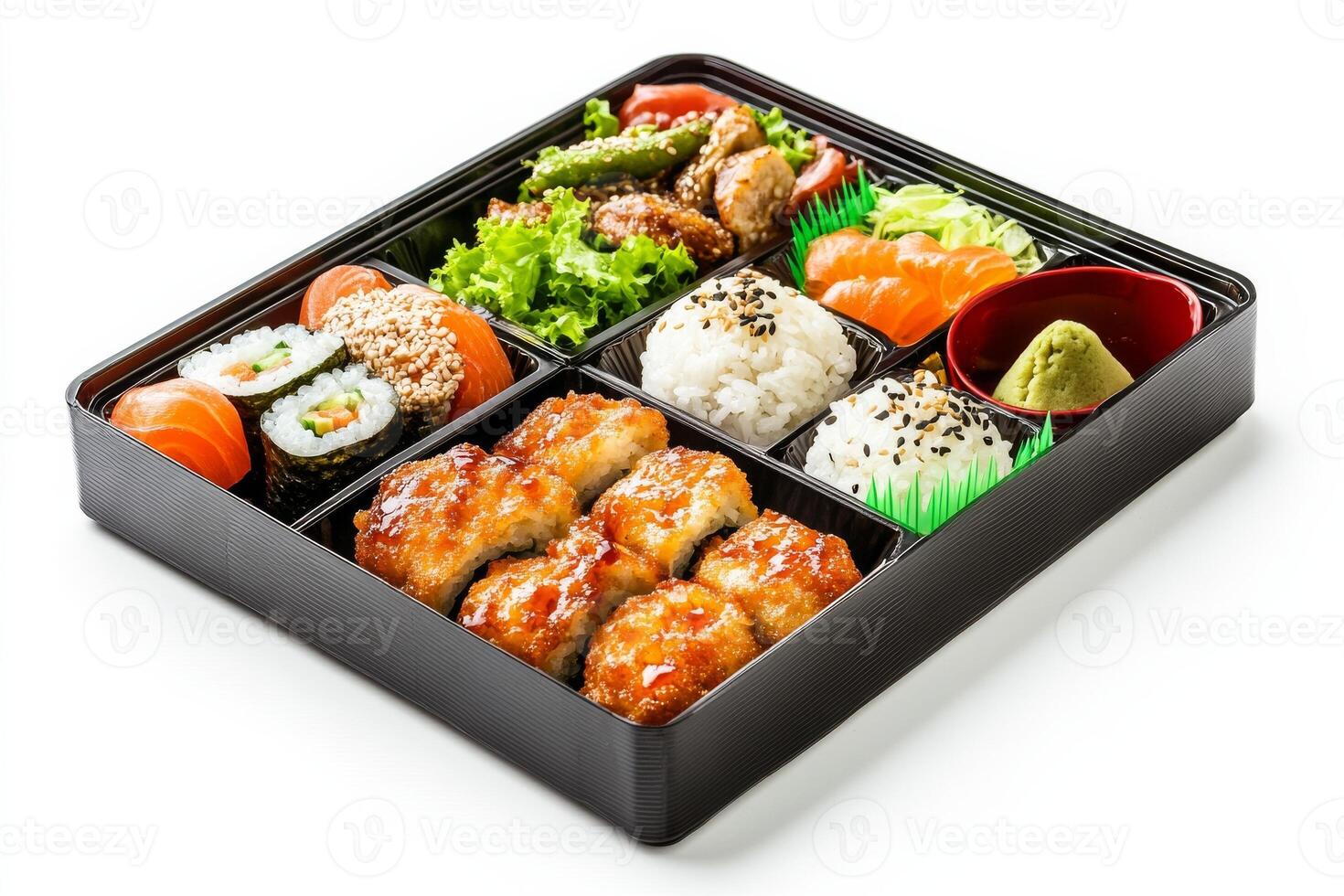 Japanese bento box lunch box with sushi, vegetables and rice photo