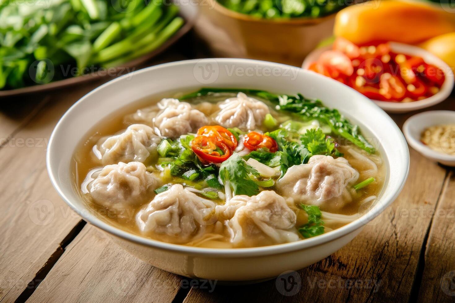 A bowl of soup with dumplings and vegetables photo