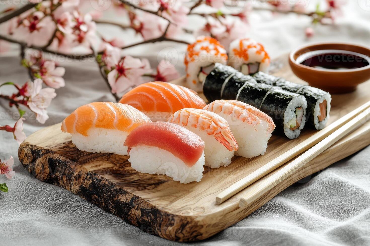 Sushi on a wooden cutting board with chopsticks photo