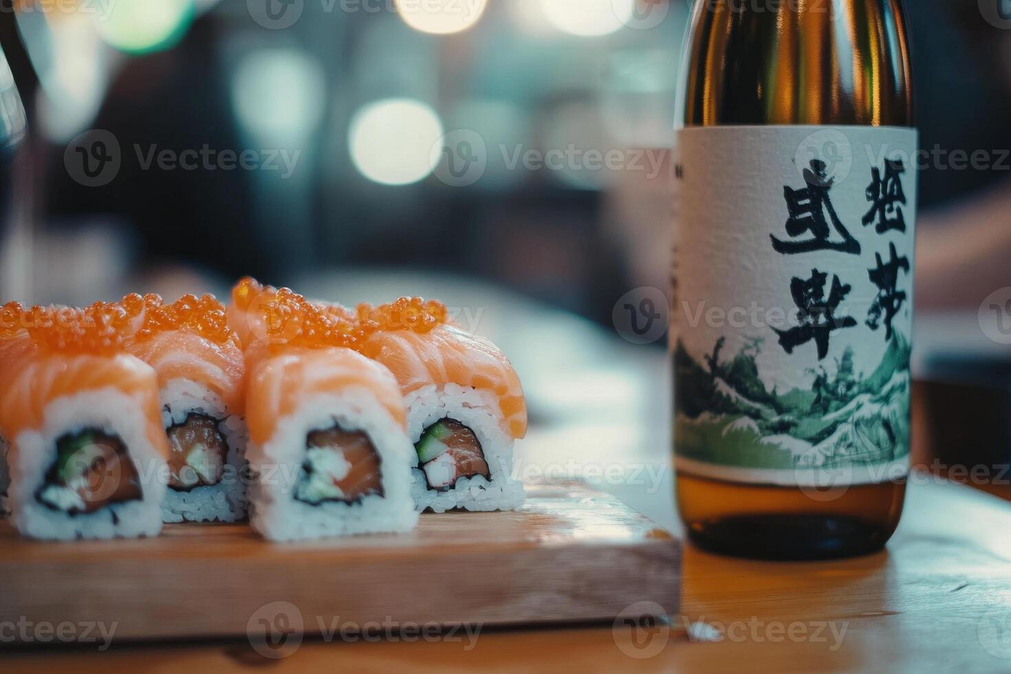 Sushi and a bottle of wine on a table photo