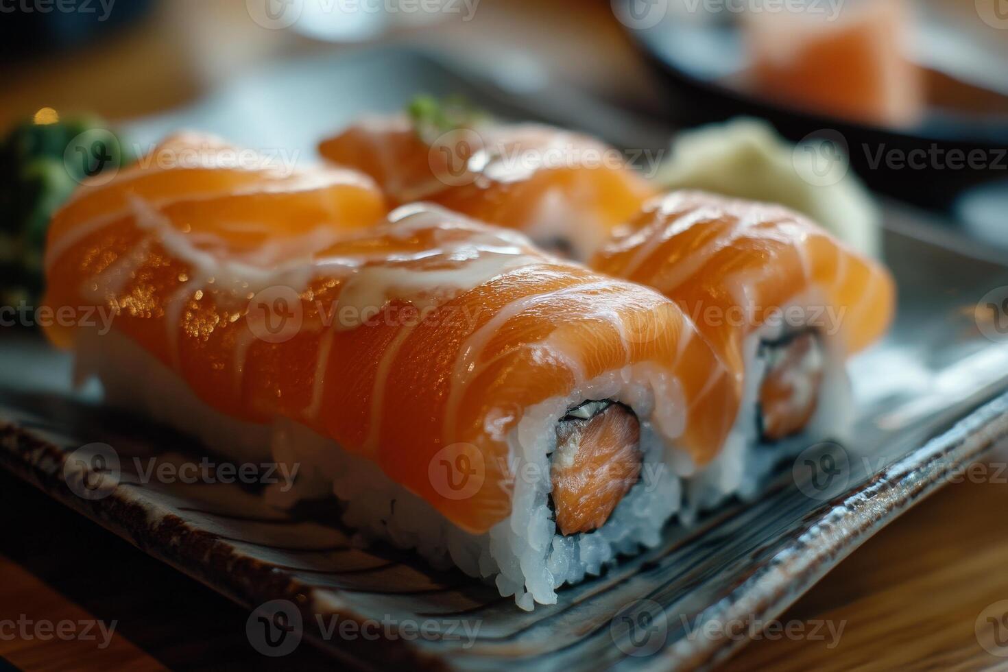 Salmon sushi on a plate photo