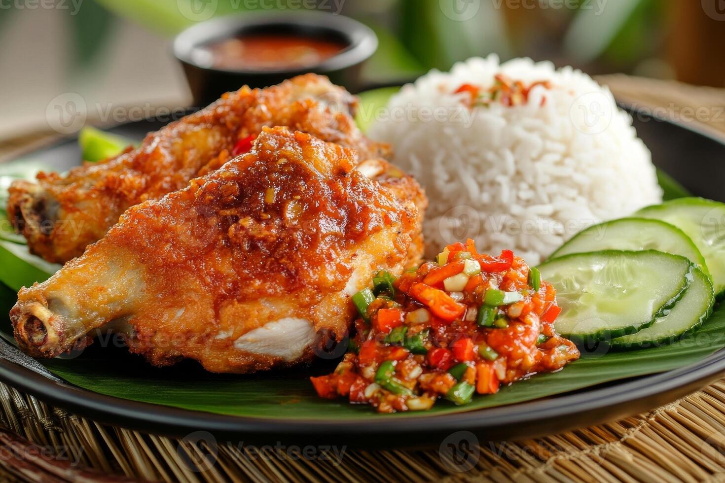 Chicken wings with rice and cucumber salad photo
