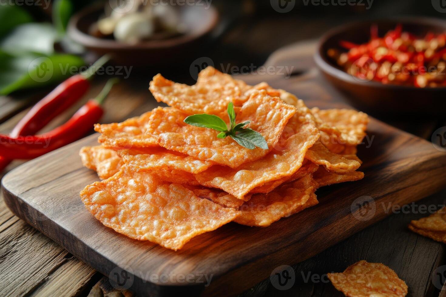 A wooden cutting board with some crispy chips and spices photo