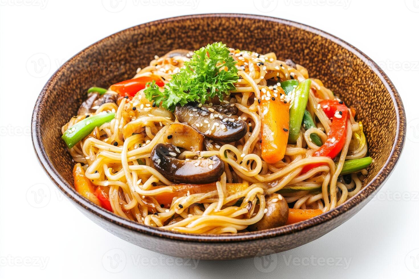 A bowl of noodles with vegetables and mushrooms photo
