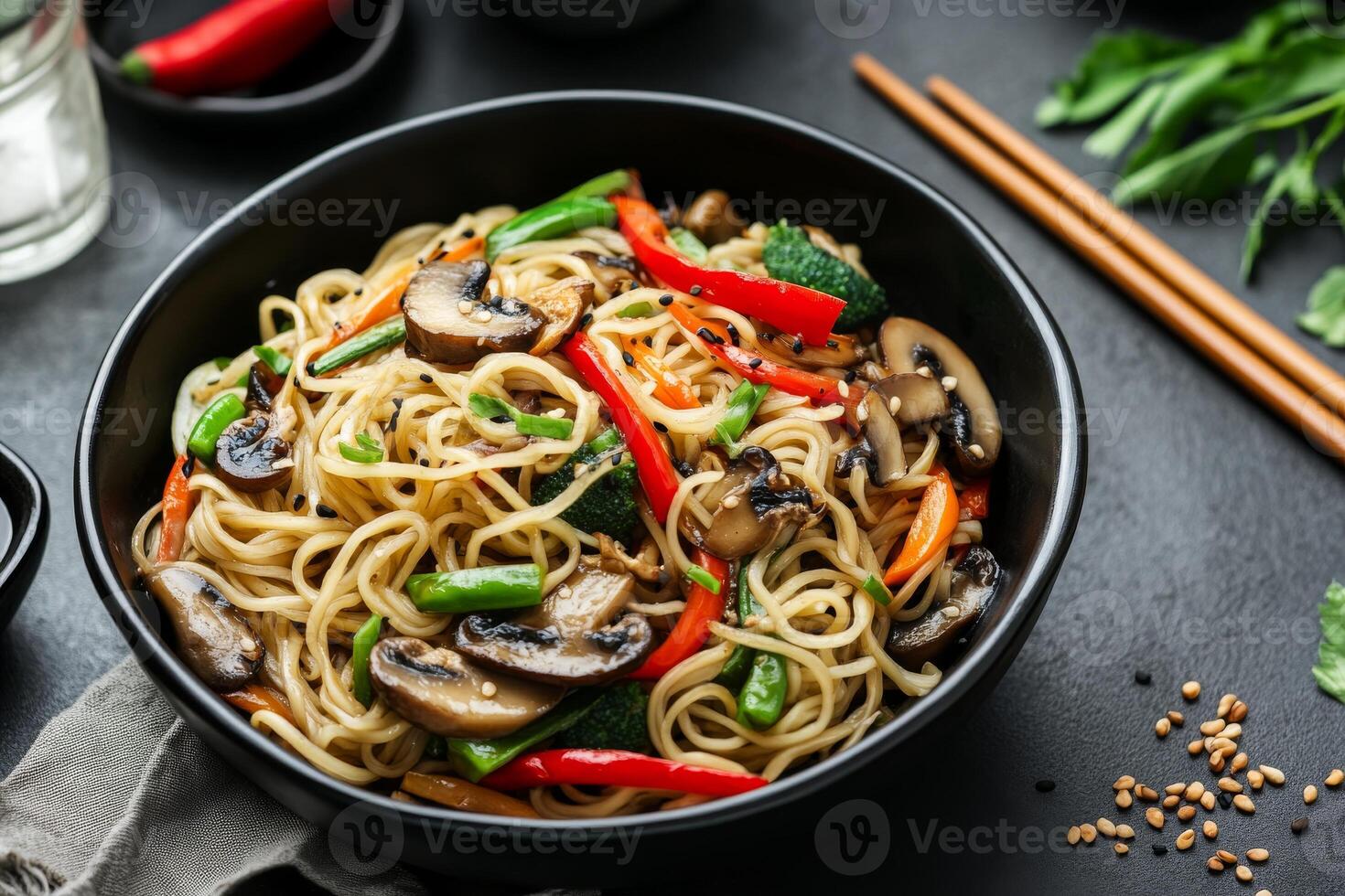 Chinese noodles with mushrooms and vegetables in a black bowl on a black background photo