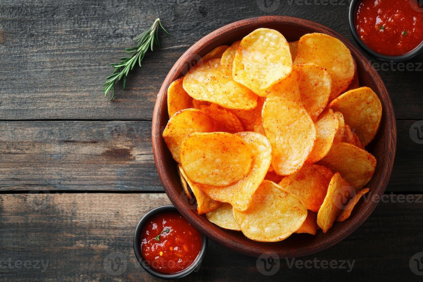 Potato chips in a bowl on a wooden table top view photo