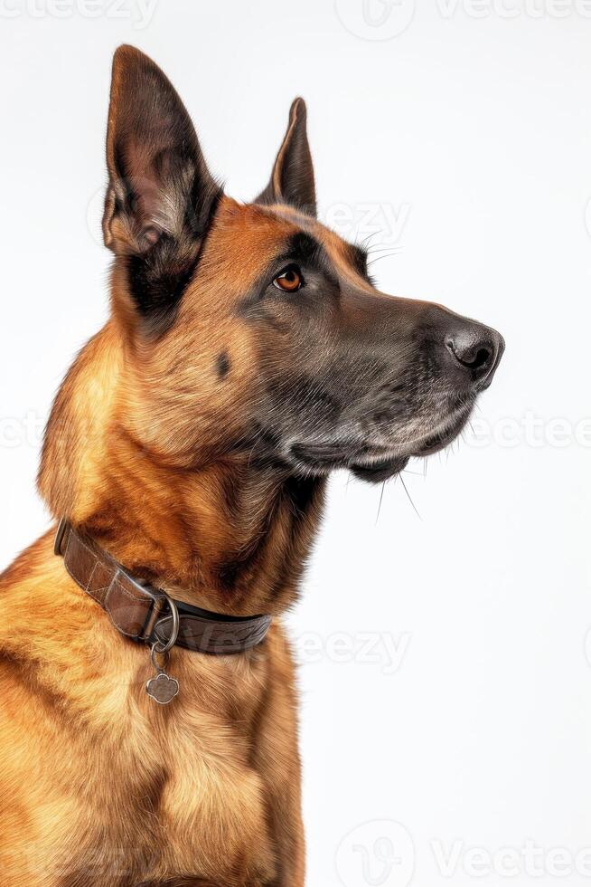 A dog with a collar and a white background photo