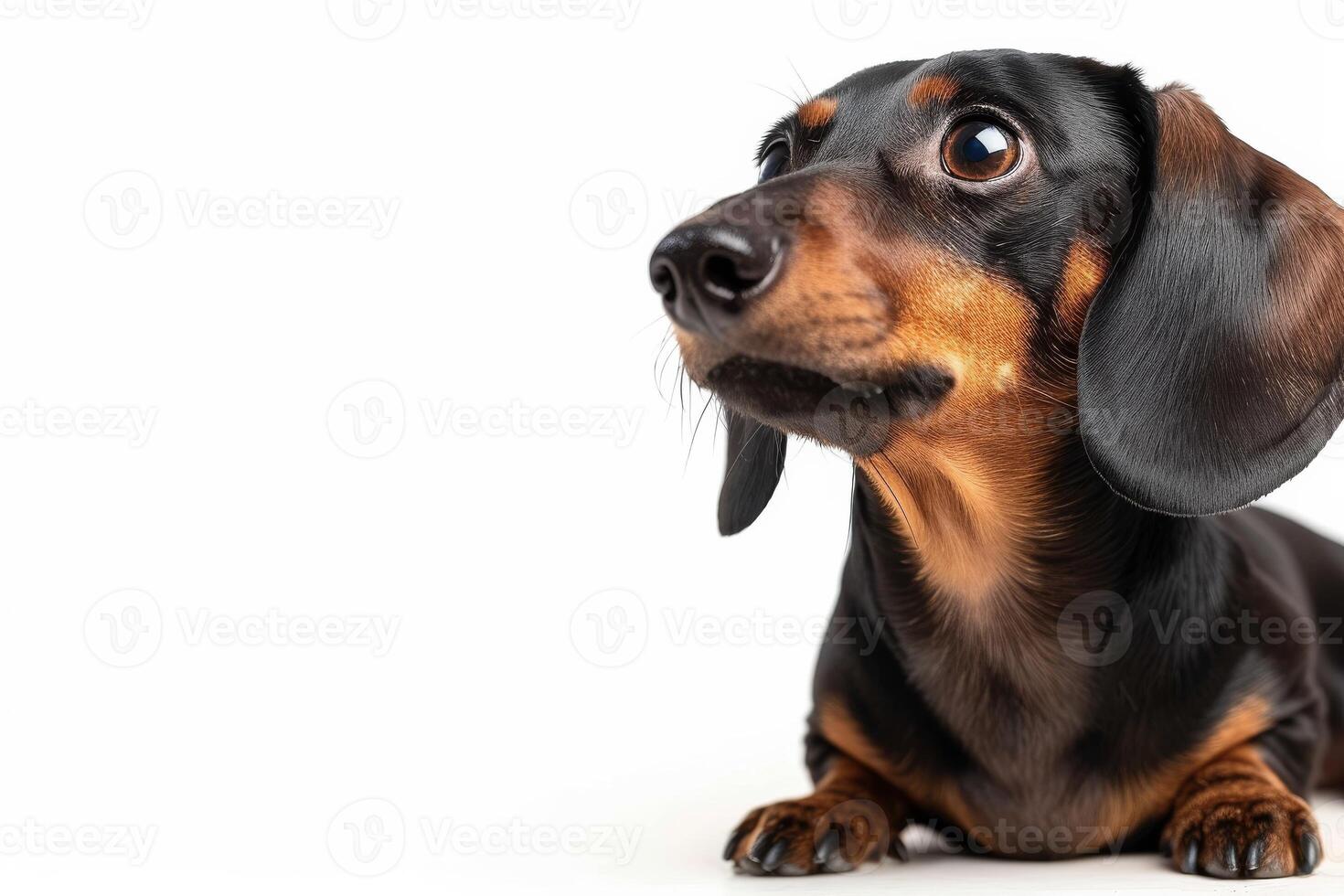 A dachshund dog is looking up at the camera photo