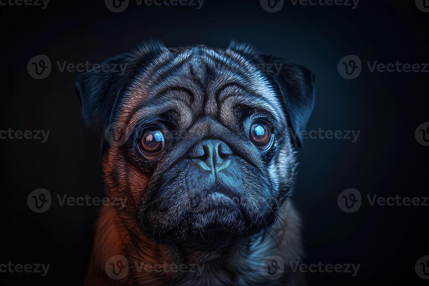 A pug dog with blue eyes on a dark background photo