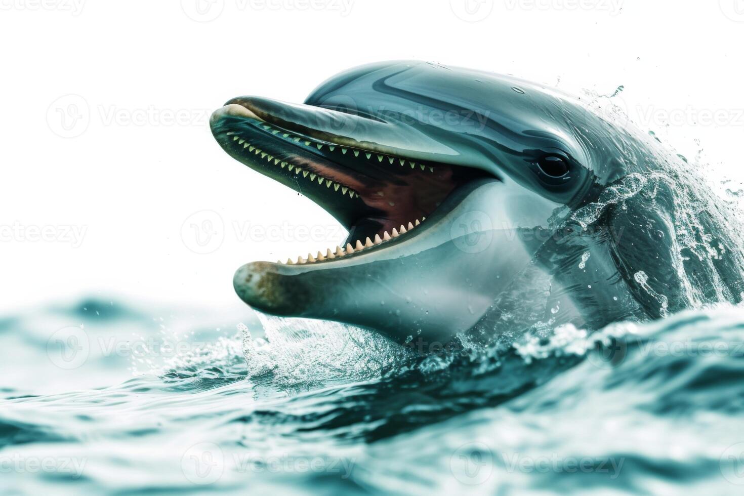 A dolphin with its mouth open and its teeth showing photo