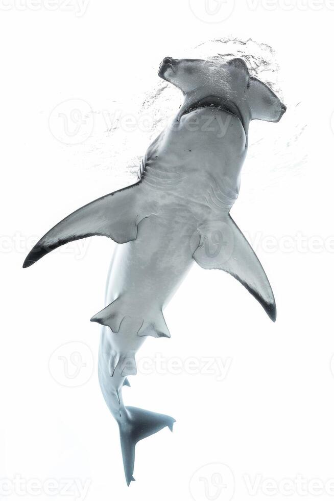 A black and white image of a shark swimming photo
