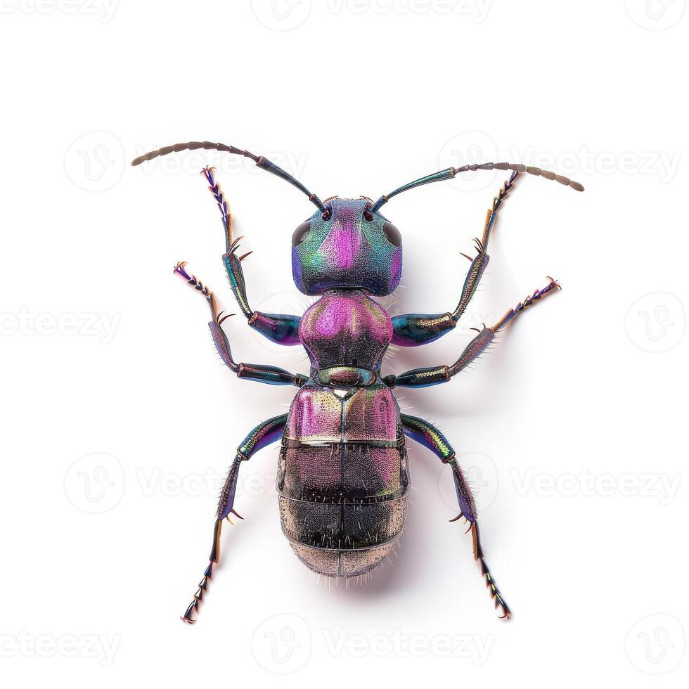 A black and purple bug with a white background photo