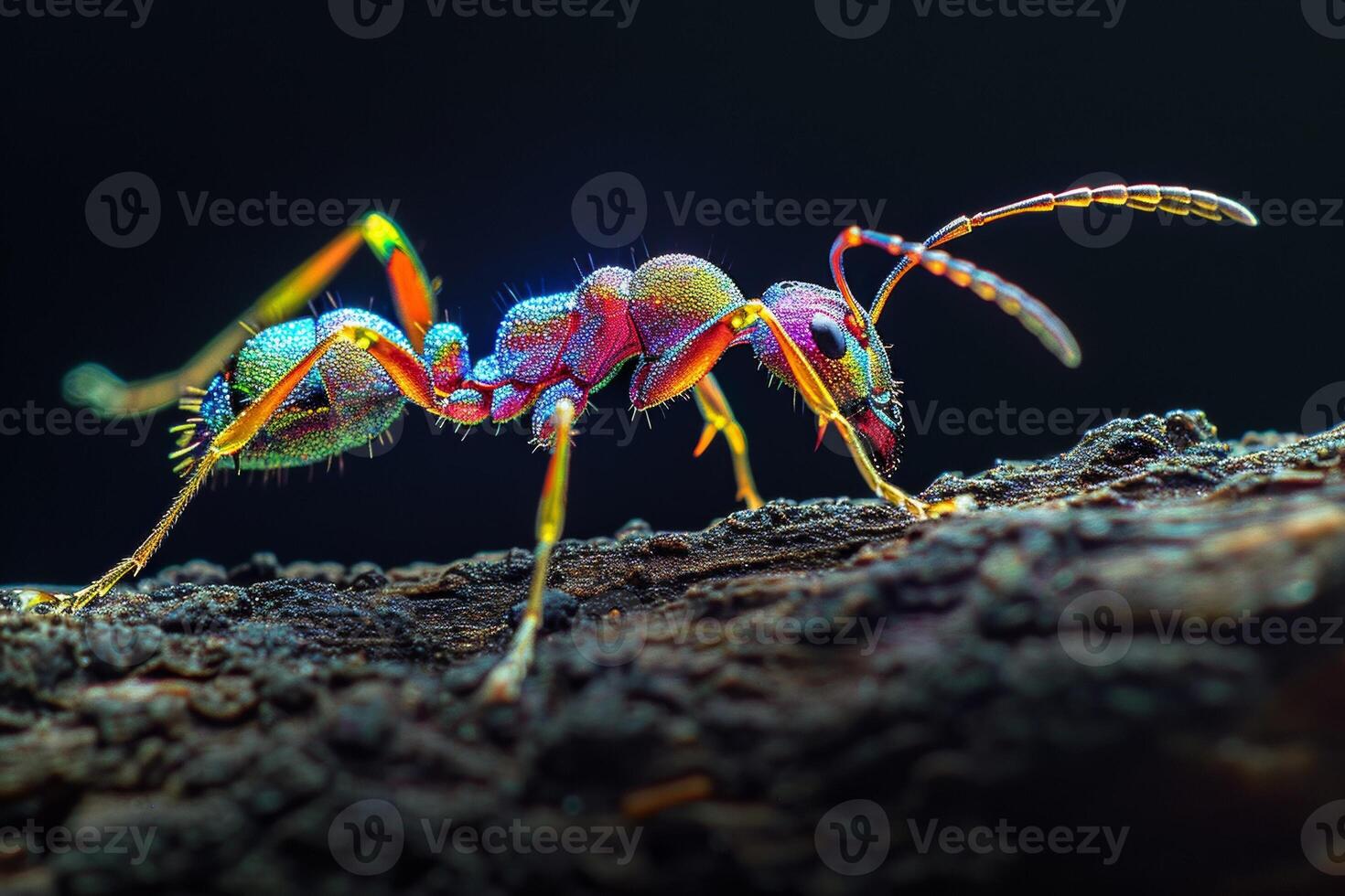 A colorful ant is standing on a log photo