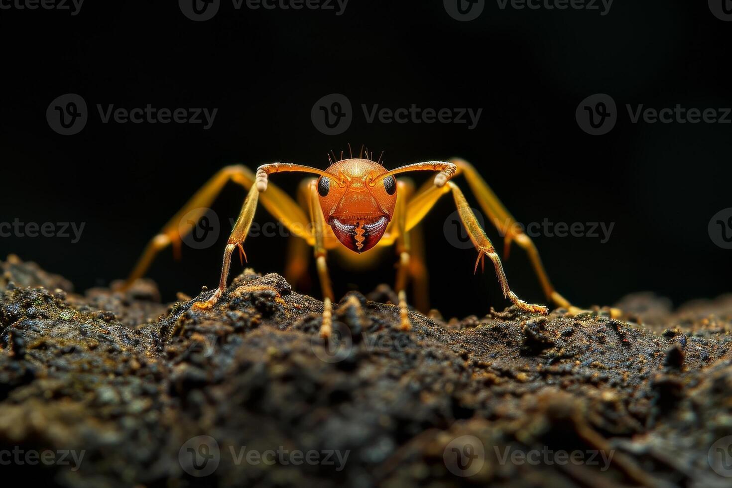 A close up of a red ant on a rock photo