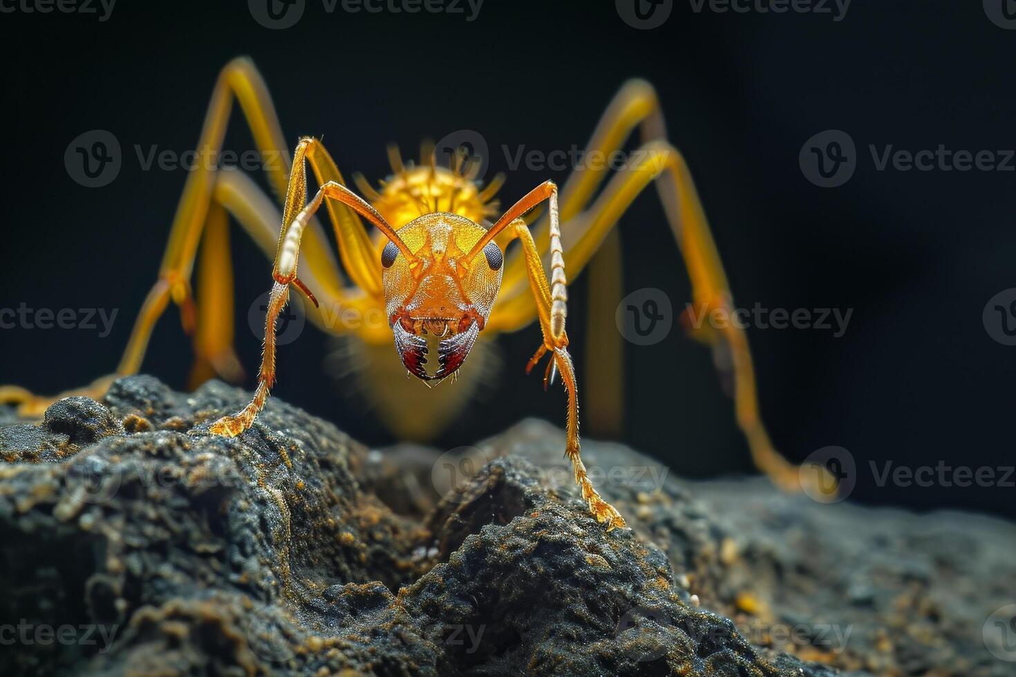 A close up of a yellow ant on a rock photo