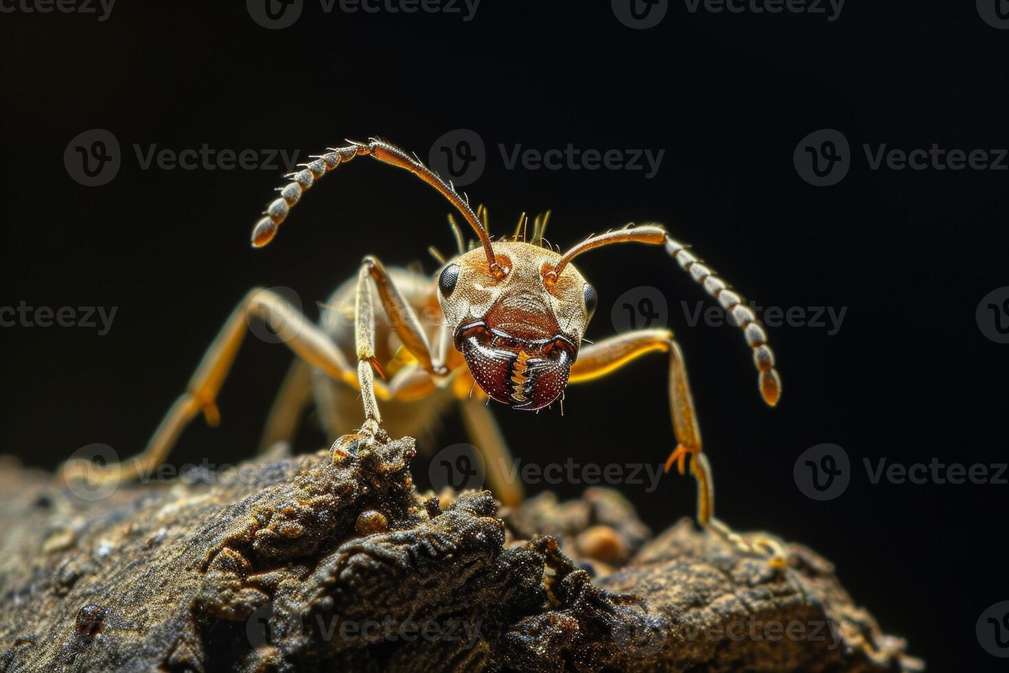 An ant with its mouth open on a rock photo