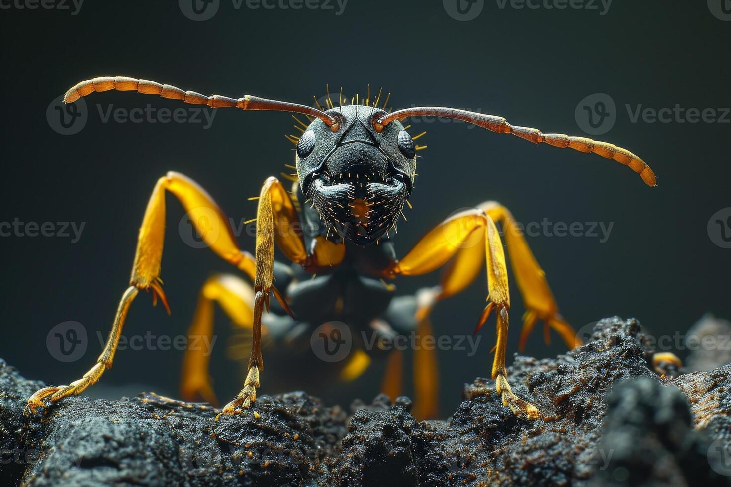 A close up of a black and yellow ant photo