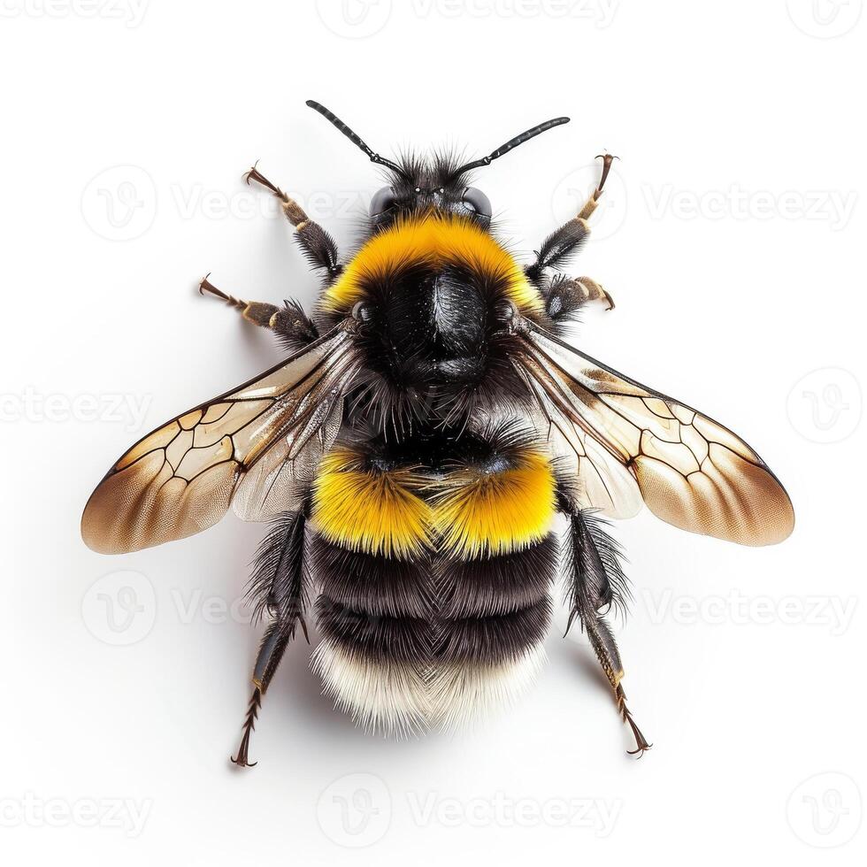 A bee with yellow and black stripes on its back photo
