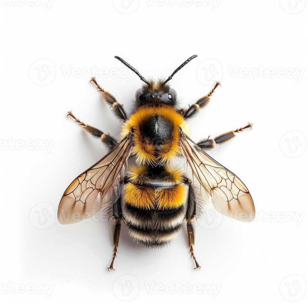 A bee with black and yellow stripes on its back photo