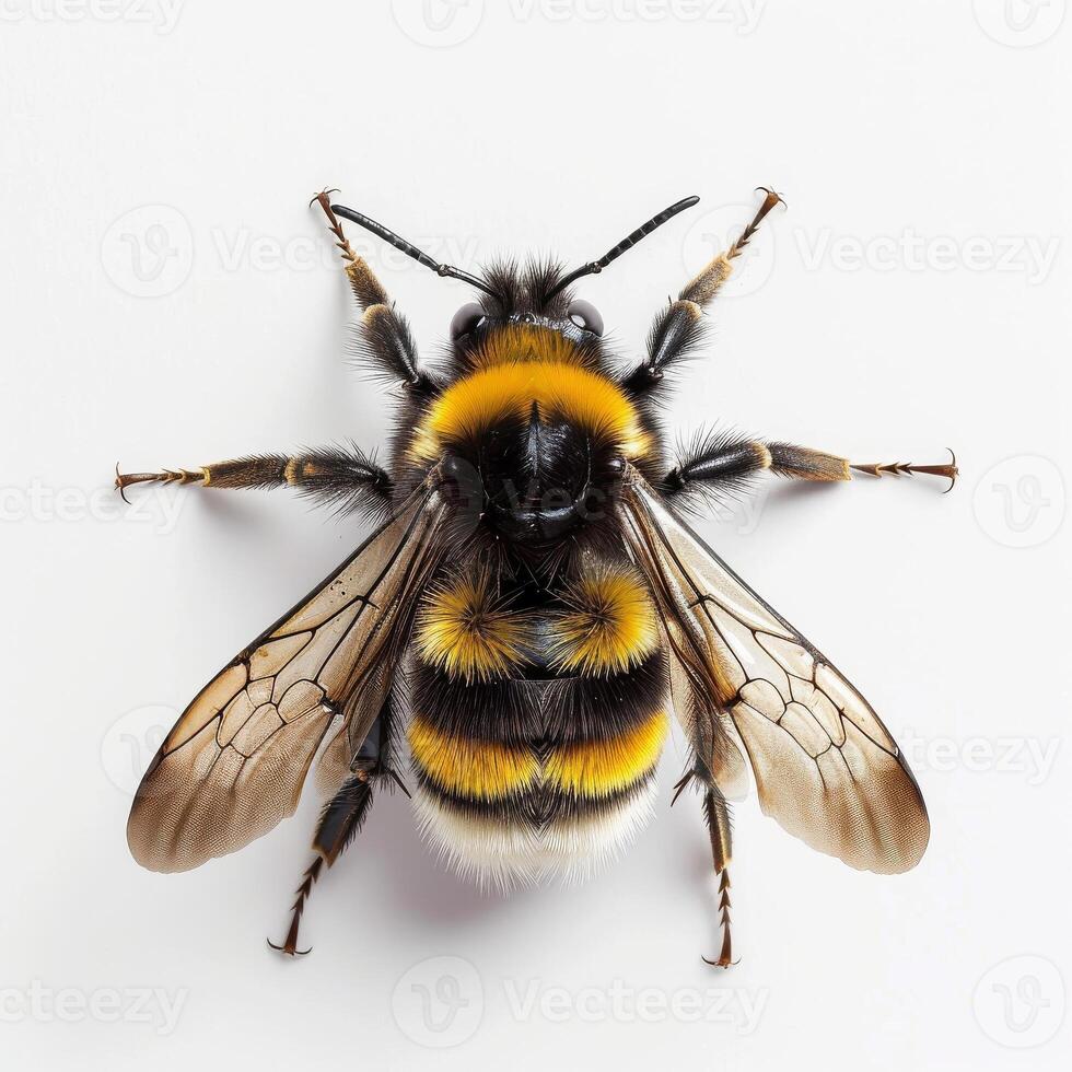 A bee with yellow and black stripes on its back photo