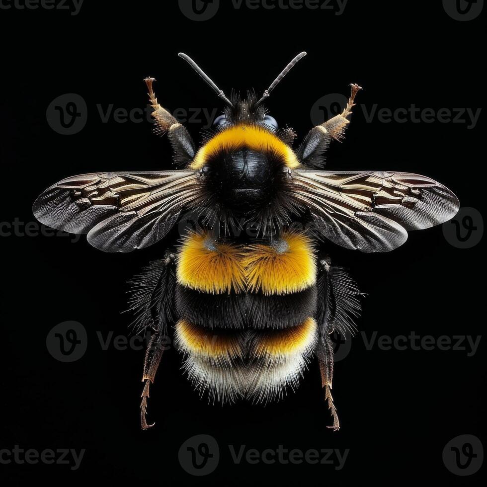 A bee with yellow and black stripes on its back photo