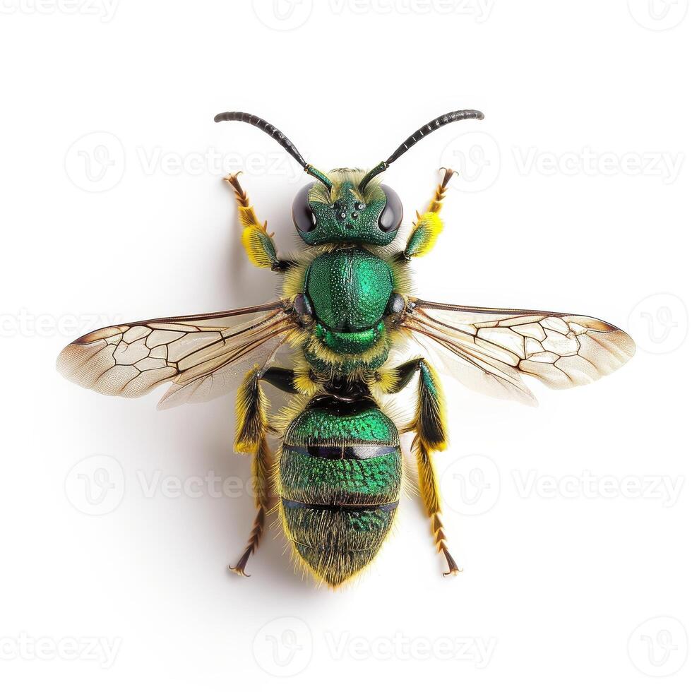 A green and yellow bee on a white background photo