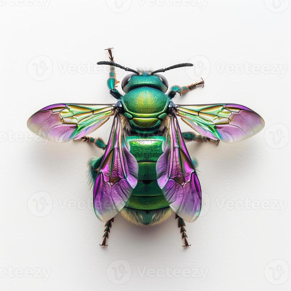 A green and purple bee with wings photo
